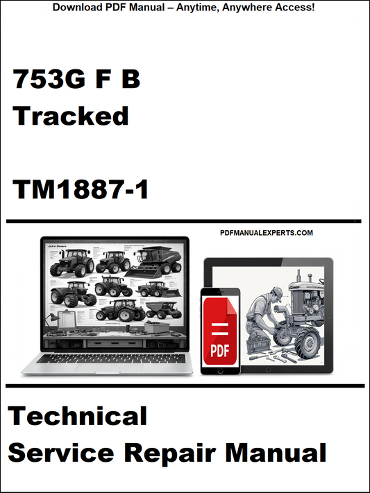 Technical service repair manual cover with laptop and truck illustration, featuring '753G F B Tracked' and 'TM1887-1'.