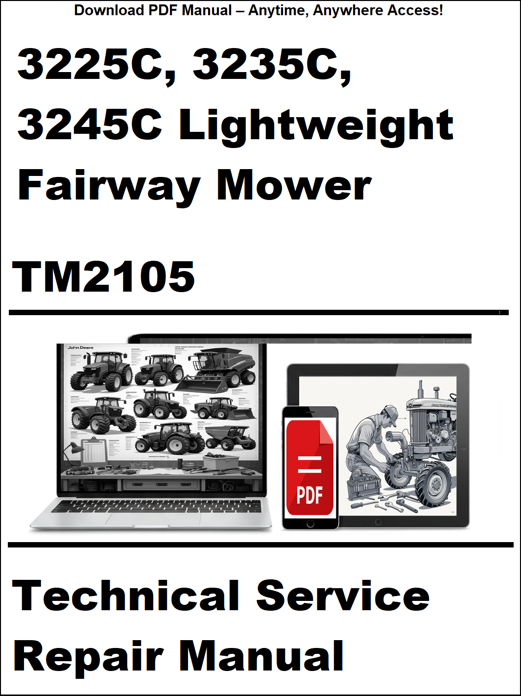 Technical service repair manual for 3225C, 3235C, 3245C lightweight fairway mower with PDF icon and laptop graphic.