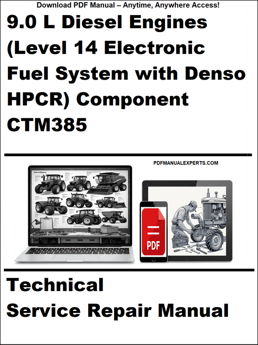 Technical service repair manual for 9.0 L Diesel Engines with Denso HPCR component on a white background.