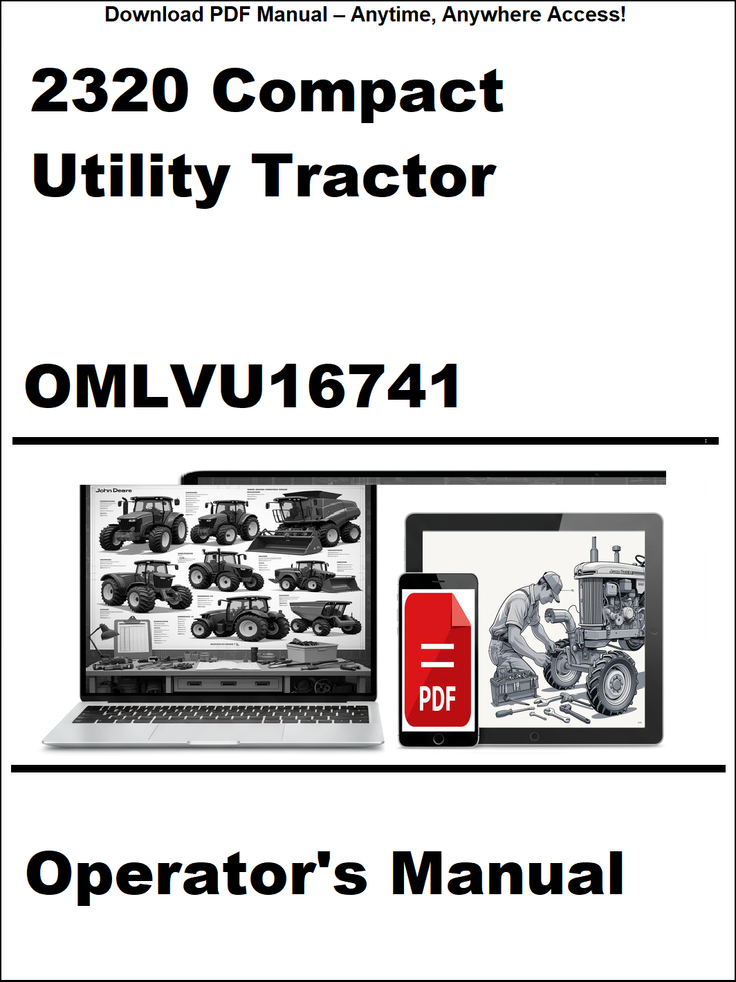 Operator's manual for 2320 Compact Utility Tractor with digital device and laptop illustration on a white background.