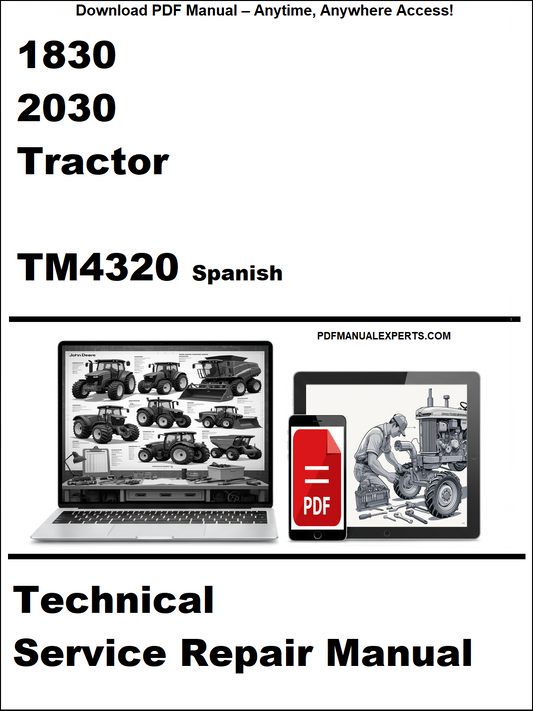 Advertisement for a technical service repair manual for a 1830-2030 tractor, specifically TM4320 in Spanish, with a laptop and tractor illustration on a white background.