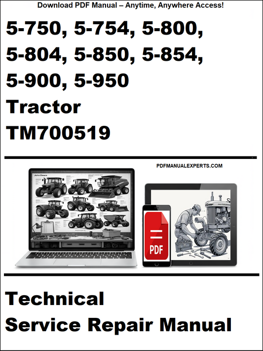 Technical service repair manual for John Deere tractors with a laptop and toolbox graphic on a white background.