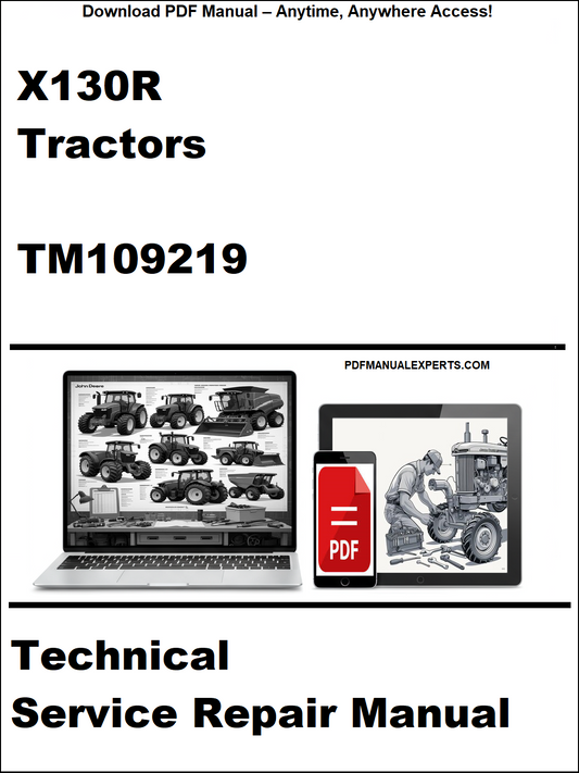 Technical service repair manual for X130R Tractors with a laptop and toolbox graphic on a white background.