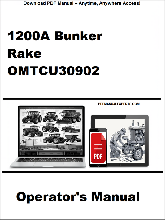 Operator's manual for 1200A Bunker Rake OMTCU30902 on a white background with laptop and phone icons.