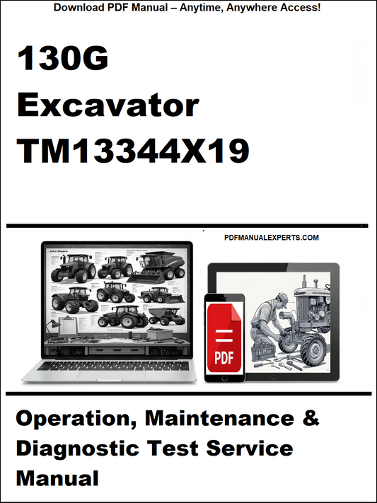 Cover of a technical manual for a 130G Excavator with a laptop and smartphone icon on a white background.