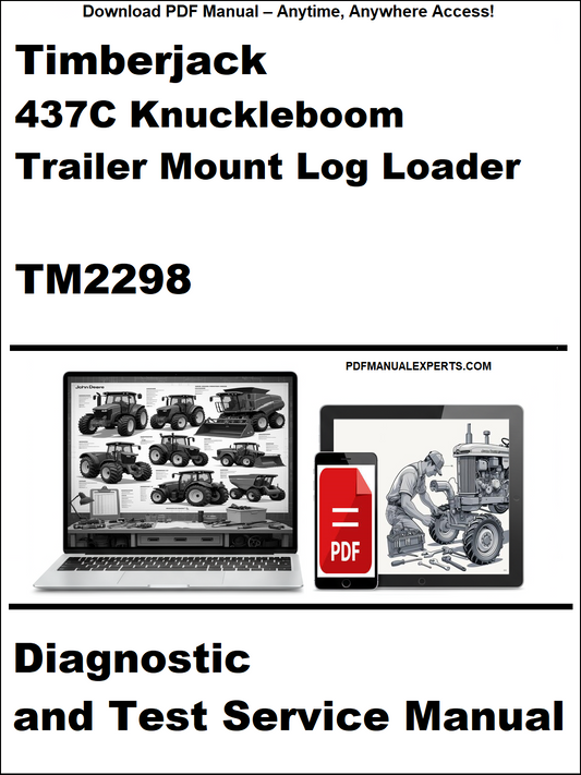 Advertisement for Timberjack 437C Knuckleboom Trailer Mount Log Loader diagnostic and test service manual.