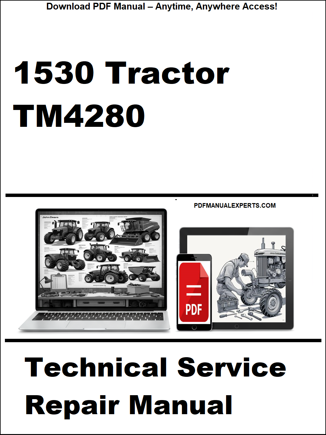 Technical service repair manual for a 1530 tractor with a laptop and toolbox graphic on a white background.
