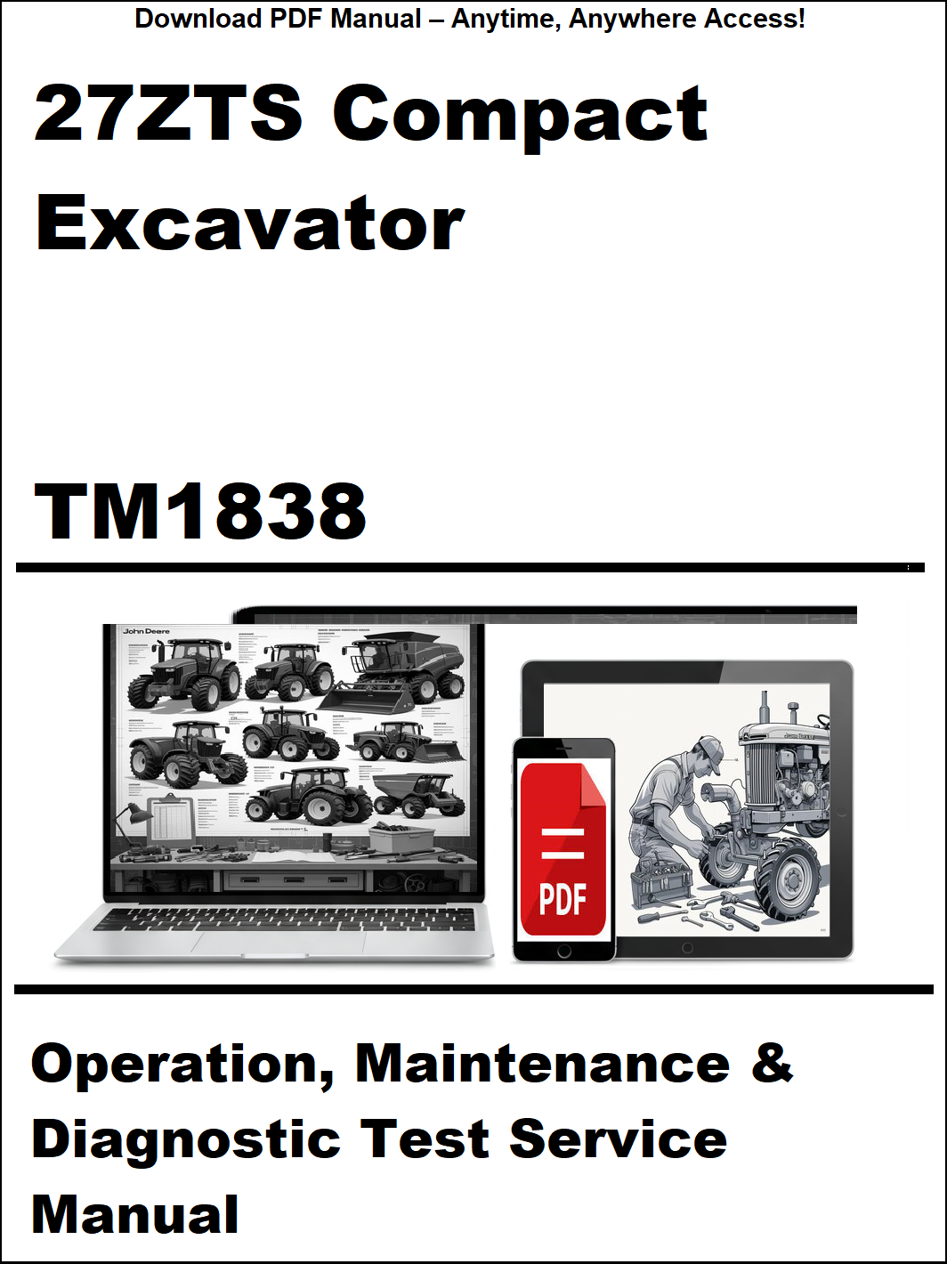 Manual cover for 27ZTS Compact Excavator TM1838 with technical illustrations and text on a white background.
