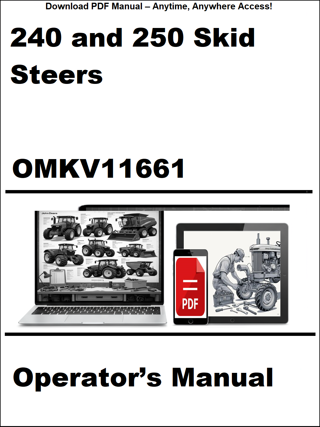 Operator's manual for 240 and 250 skid steers with OMKV11661 on a white background.