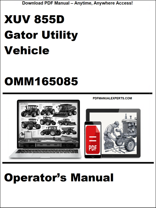 Cover of XUV 855D Gator Utility Vehicle Operator's Manual with laptop and toolbox graphic.