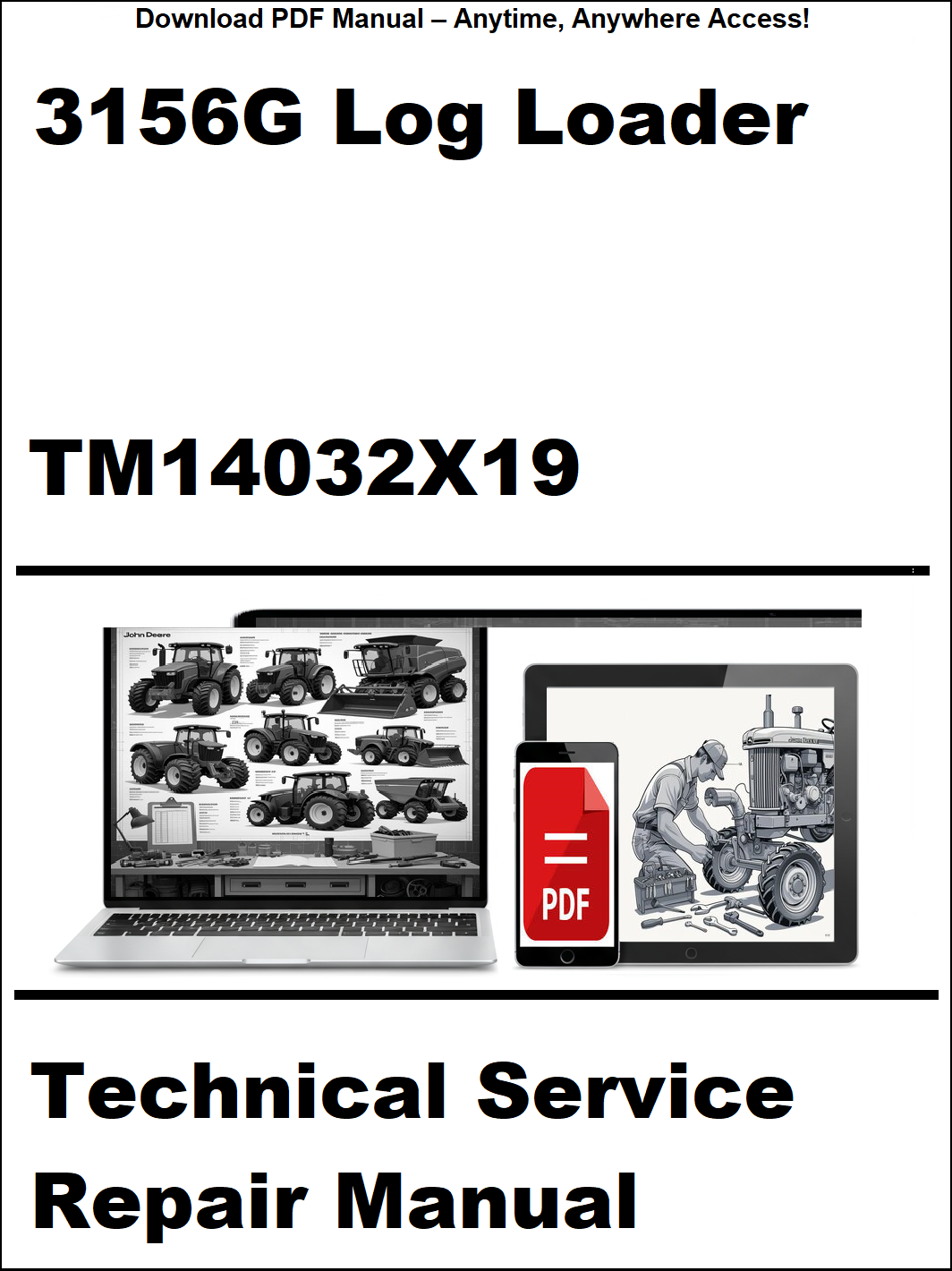 Technical service repair manual for 3156G Log Loader with digital device and laptop illustration on a white background.