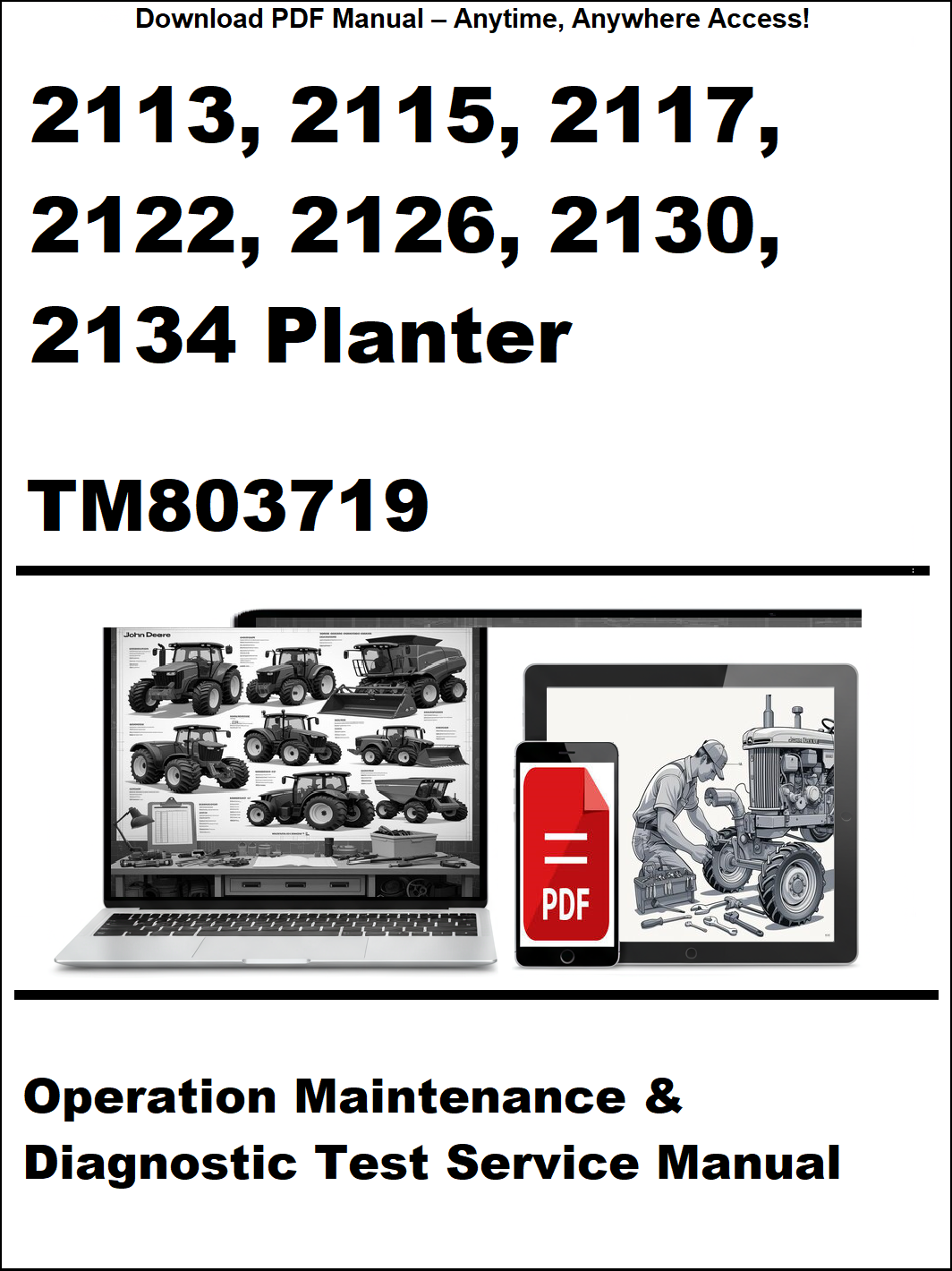 Manual cover for 2113, 2115, 2117, 2122, 2126, 2130, 2134 planter with laptop and tractor illustration.