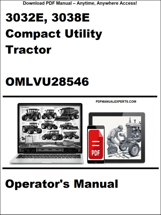 Cover of a manual for 3032E and 3038E compact utility tractors with a laptop and tractor illustration.