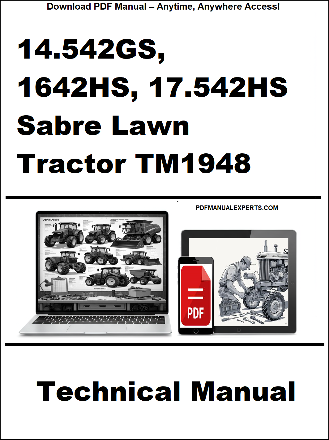Advertisement for a technical manual on Sabre Lawn tractors with laptop and smartphone graphics.
