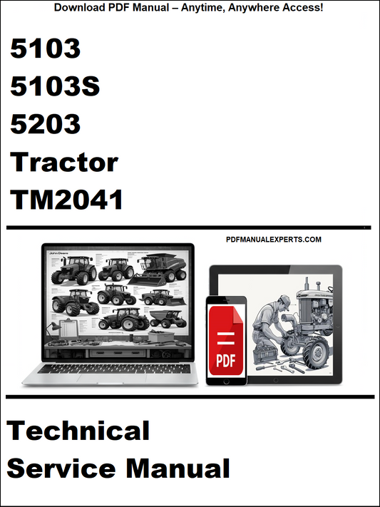 Technical service manual for 5103, 5103S, 5203 tractors with a laptop and toolbox graphic on a white background.