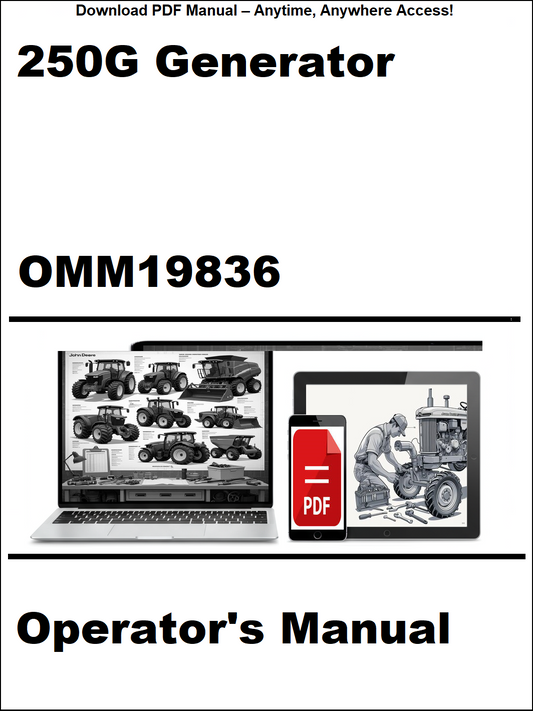 Operator's manual for a 250G generator with digital device and laptop illustration on a white background.