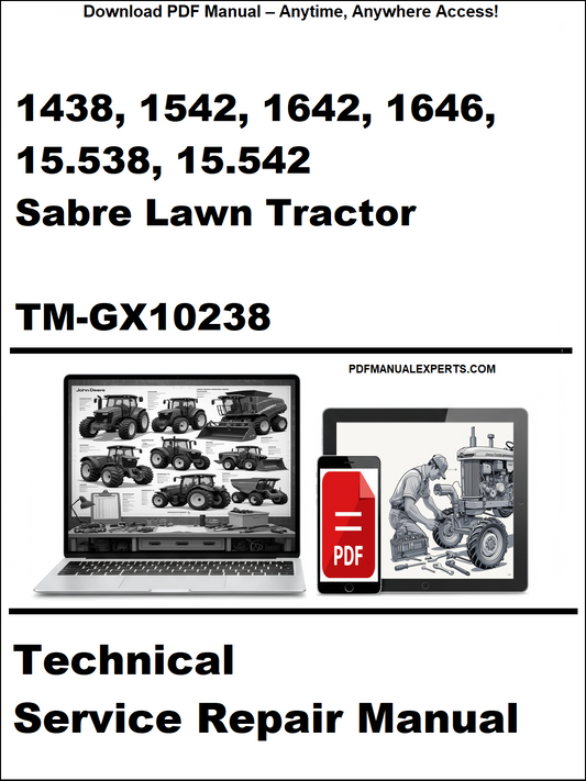 Cover of a technical service repair manual for Sabre Lawn tractors with a laptop and toolbox graphic.
