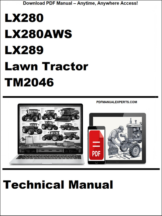 Cover of a technical manual for LX280, LX280AWS, LX289 lawn tractors with a laptop and toolbox graphic.