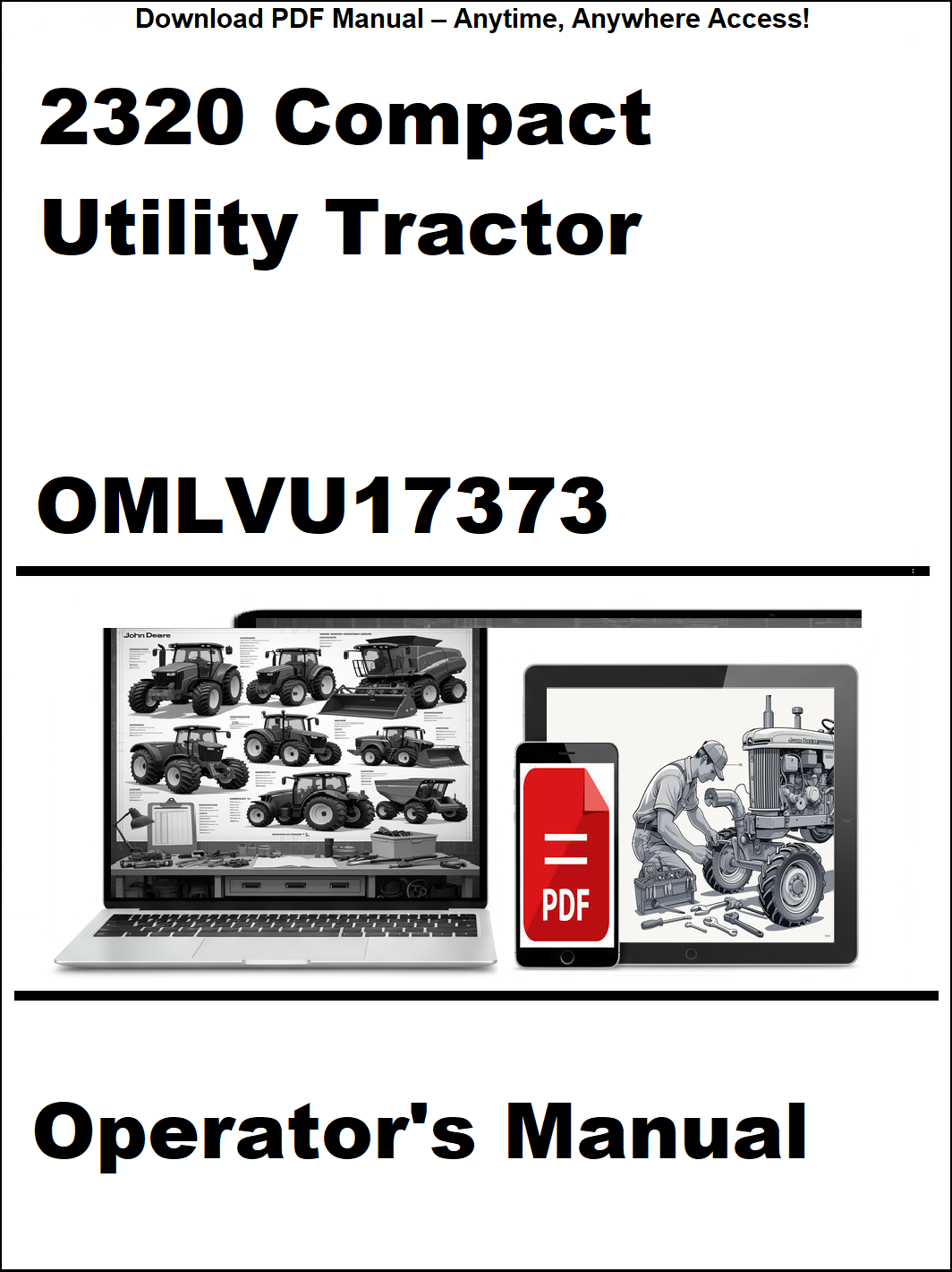 Operator's manual for 2320 Compact Utility Tractor with digital device and laptop illustration on a white background.