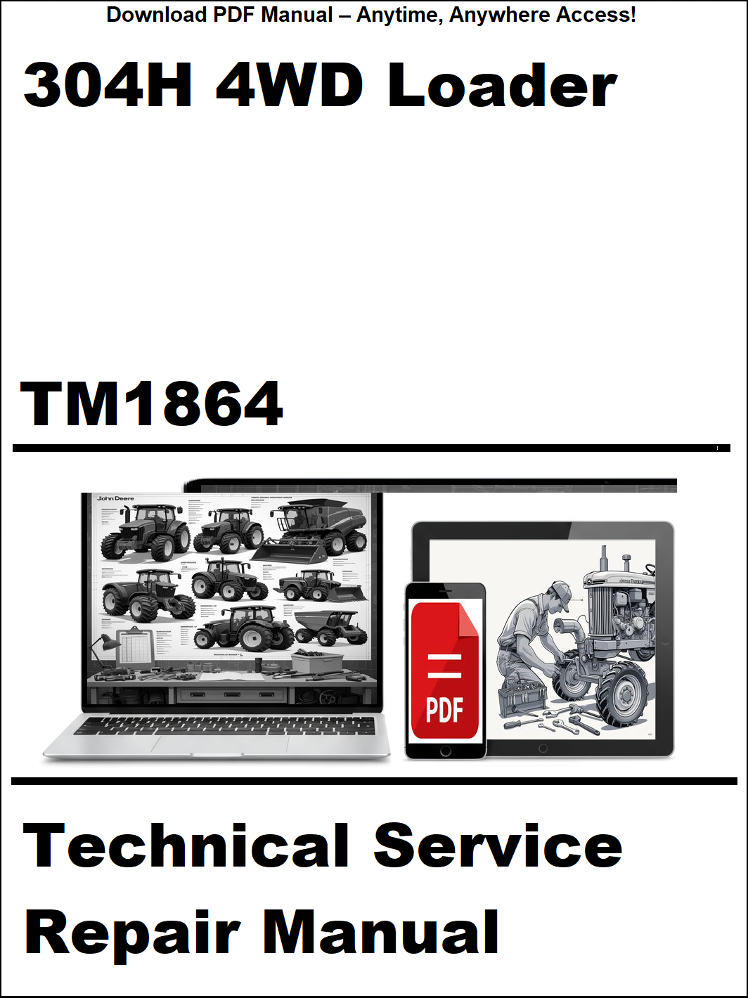Technical service repair manual for 304H 4WD Loader with laptop and toolbox graphic on a white background.
