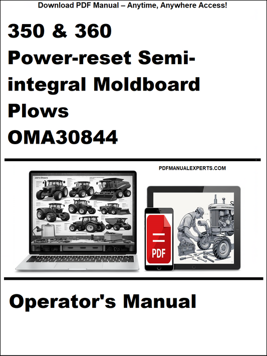 Operator's manual for 350 & 360 Power-reset Semi-integral Moldboard Plows OMA30844 on a white background.