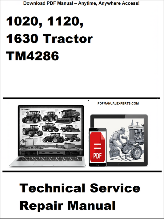 Technical service repair manual for 1020, 1120, and 1630 tractor model TM4286 on a white background.