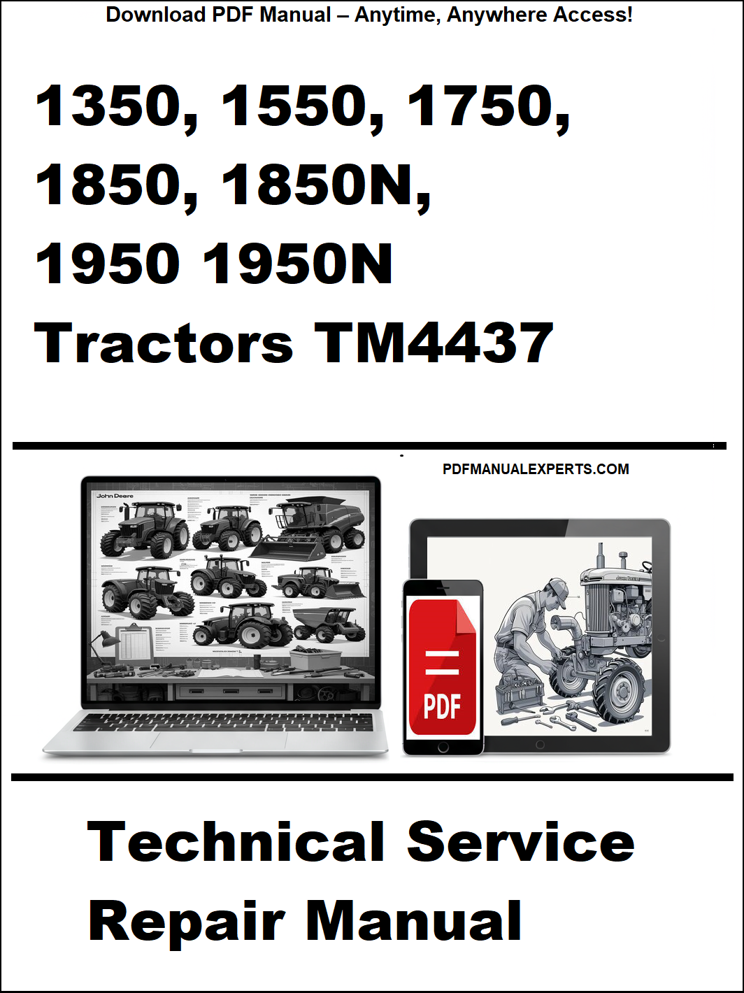 Technical service repair manual for John Deere tractors with a laptop and toolbox graphic on a white background.
