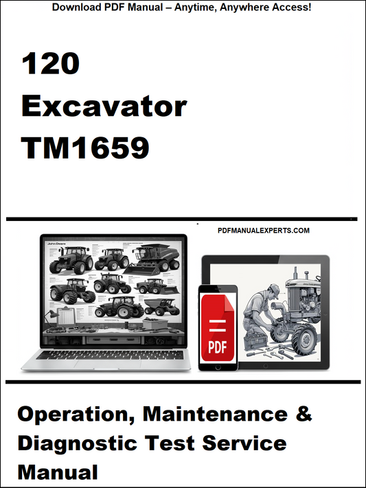 Cover of a manual for an excavator with a laptop and toolbox graphic on a white background.