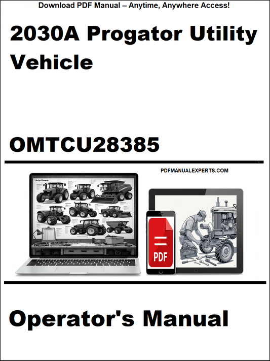 Operator's manual for 2030A Progator Utility Vehicle with digital device and laptop illustration on a white background.