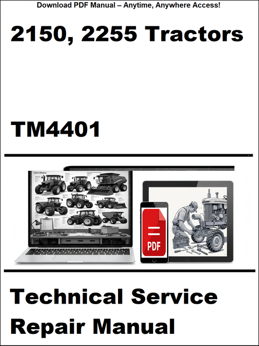 Technical Service Repair Manual for 2150 and 2255 tractors with a laptop and repair manual icon on a white background.
