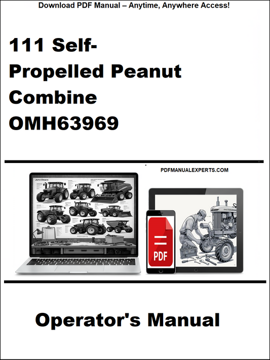 Operator's manual for a self-propelled peanut combine with a laptop and smartphone illustration on a white background.