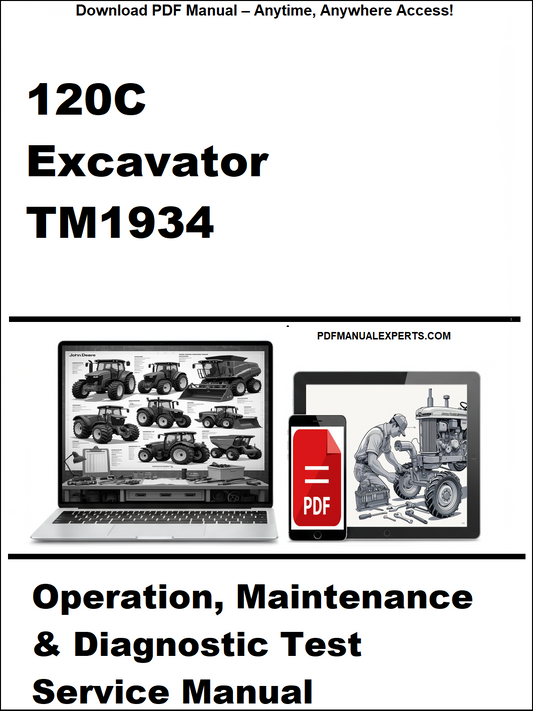 Service manual cover for John Deere 120C Excavator TM1934 with digital device and laptop illustration.