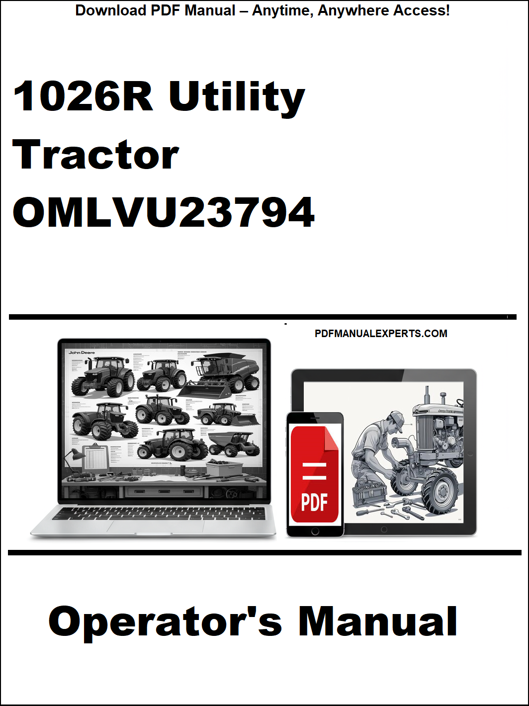 Cover of a tractor operator's manual with a laptop and smartphone icon on a white background.