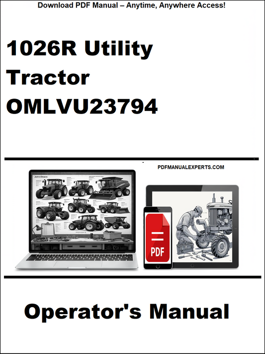 Cover of a tractor operator's manual with a laptop and smartphone icon on a white background.