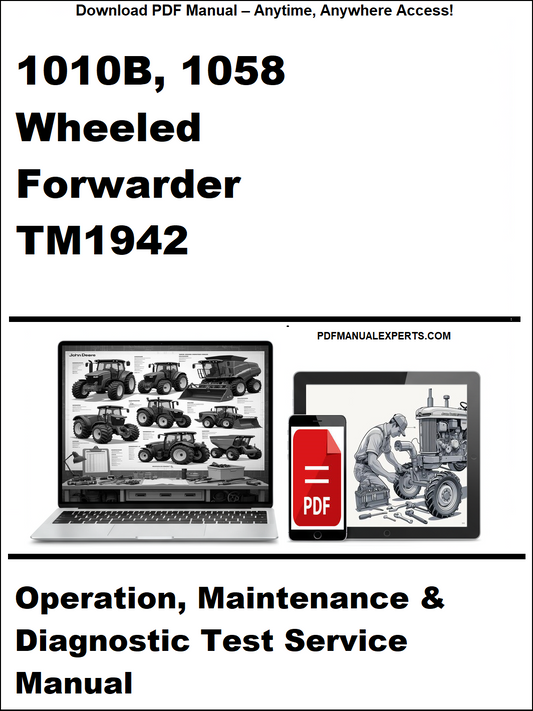 Manual cover for 1010B, 1058 Wheeled Forwarder TM1942 with computer and toolbox graphics.