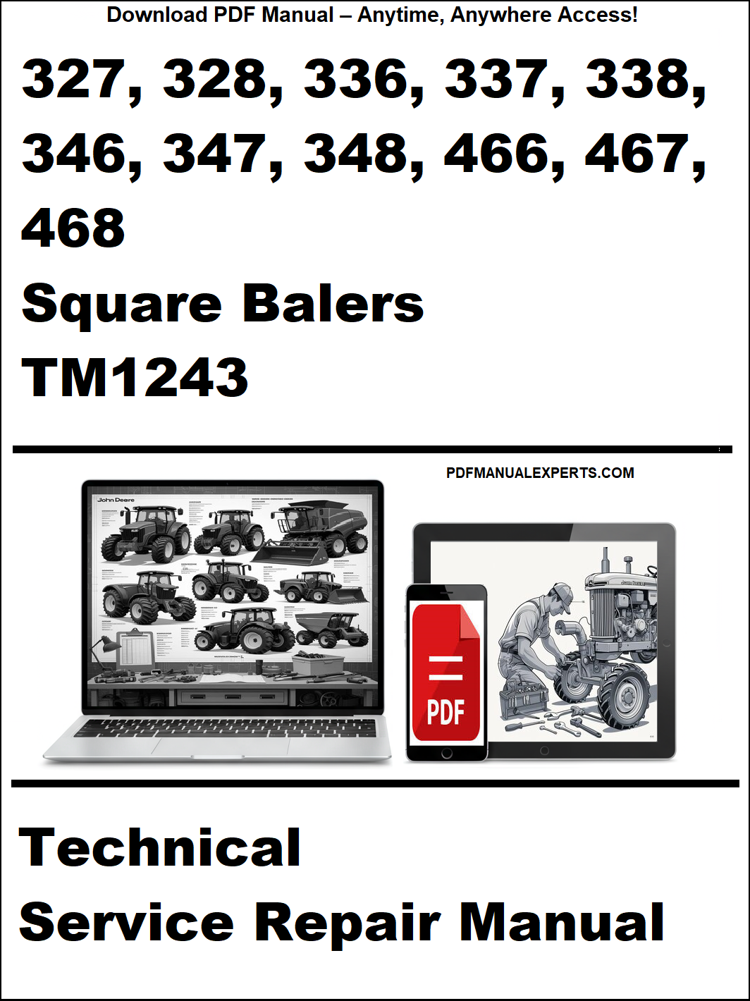 Technical service repair manual for square balers with a laptop and toolbox graphic on a white background.