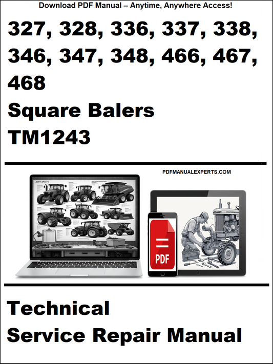 Technical service repair manual for square balers with a laptop and toolbox graphic on a white background.