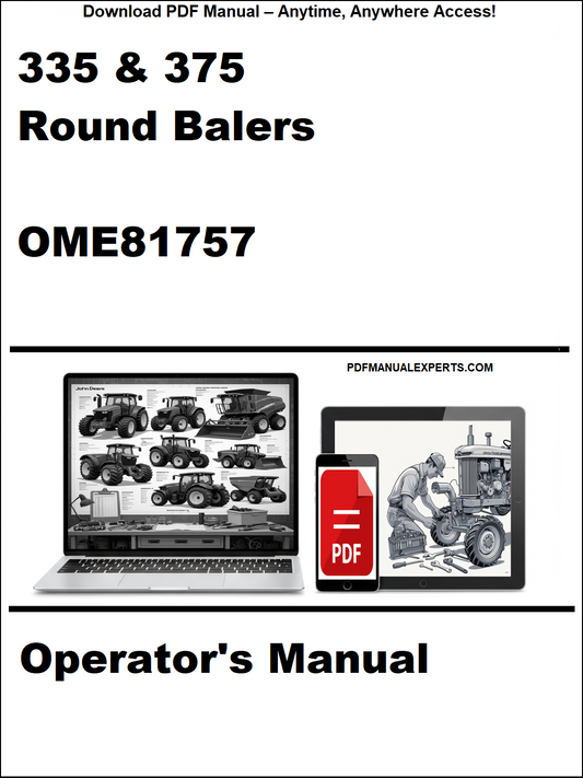 Operator's manual for 335 & 375 round balers with PDF icon and laptop illustration on a white background.
