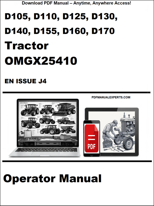 Cover of a tractor operator manual with laptop and tractor illustrations on a white background
