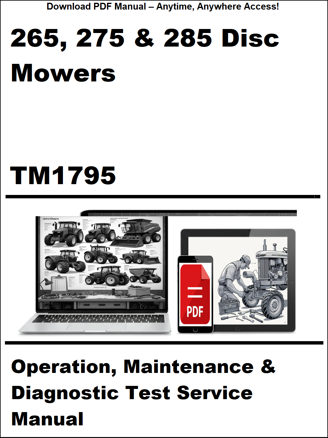 Manual cover for 265, 275 & 285 Disc Mowers with laptop and tractor illustration.