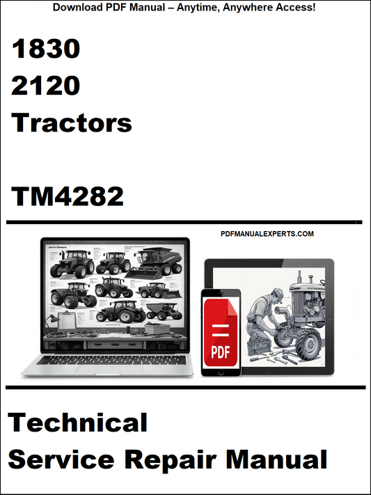 Technical service repair manual for 1830 and 2120 tractors with a laptop and toolbox graphic on a white background.
