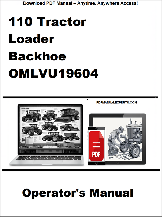 Operator's manual for a 110 Tractor Loader Backhoe OMLVU19604 on a white background with laptop and smartphone icons.