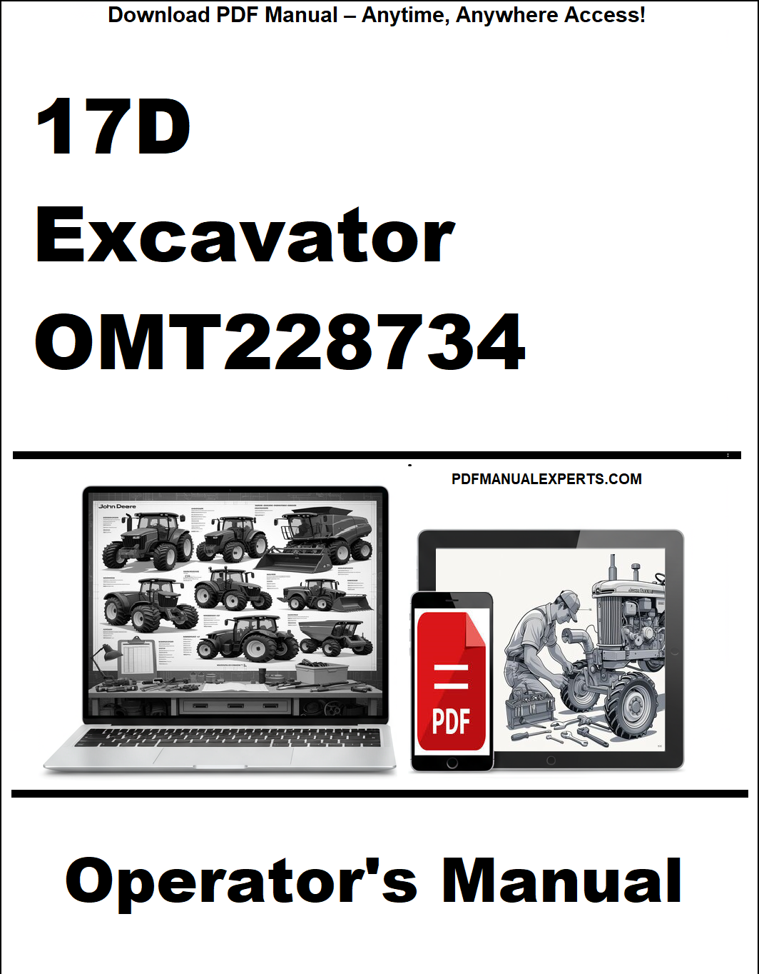 Cover of 17D Excavator OMT228734 Operator's Manual with digital device icons on a white background