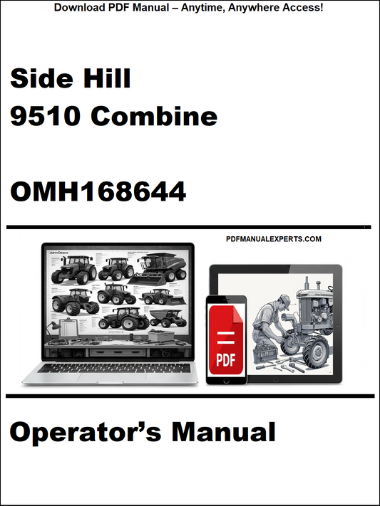 Operator's manual for Side Hill 9510 Combine model OMH168644 on a white background with laptop and smartphone icons.