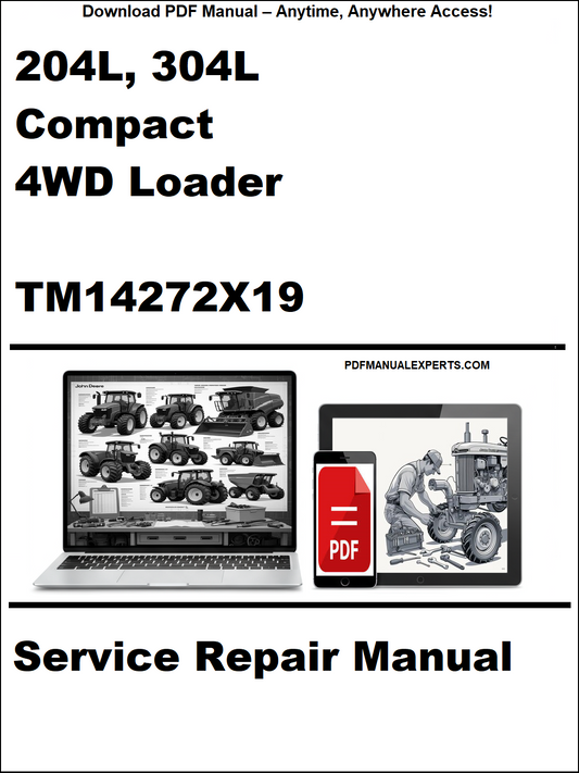 Service repair manual cover for 204L, 304L compact 4WD loader with digital device and laptop illustration.
