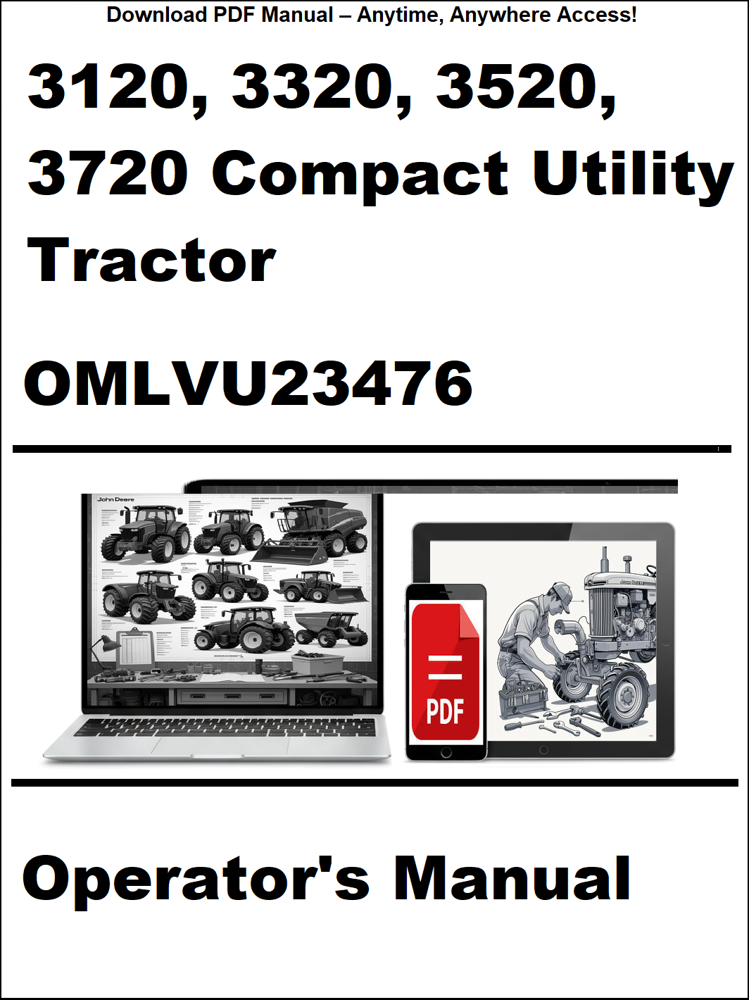 Cover of the operator's manual for 3120, 3320, 3520, 3720 Compact Utility Tractor with digital device icon.