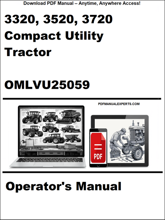 Cover of a manual for 3320, 3520, 3720 Compact Utility Tractor with OMLVU25059 on a white background.