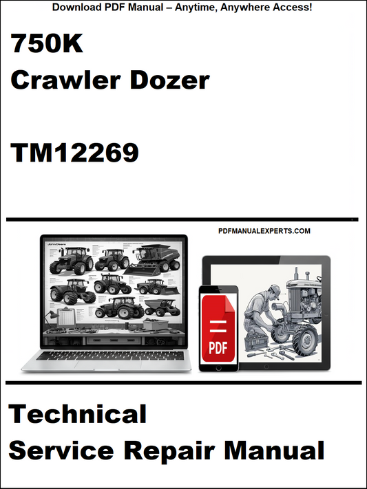 Technical service repair manual for 750K Crawler Dozer with PDF icon and laptop display.