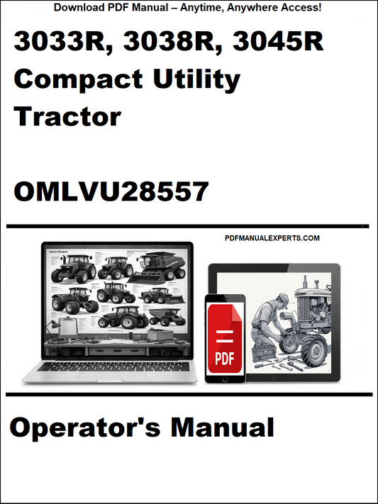 Cover of a manual for John Deere 3033R, 3038R, 3045R compact utility tractors with a laptop and tractor illustration.