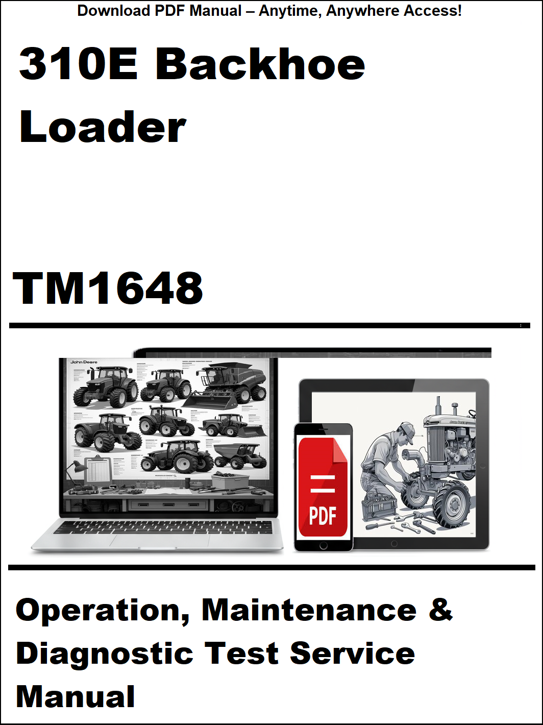 Manual cover for 310E Backhoe Loader TM1648 with laptop and tractor illustration.